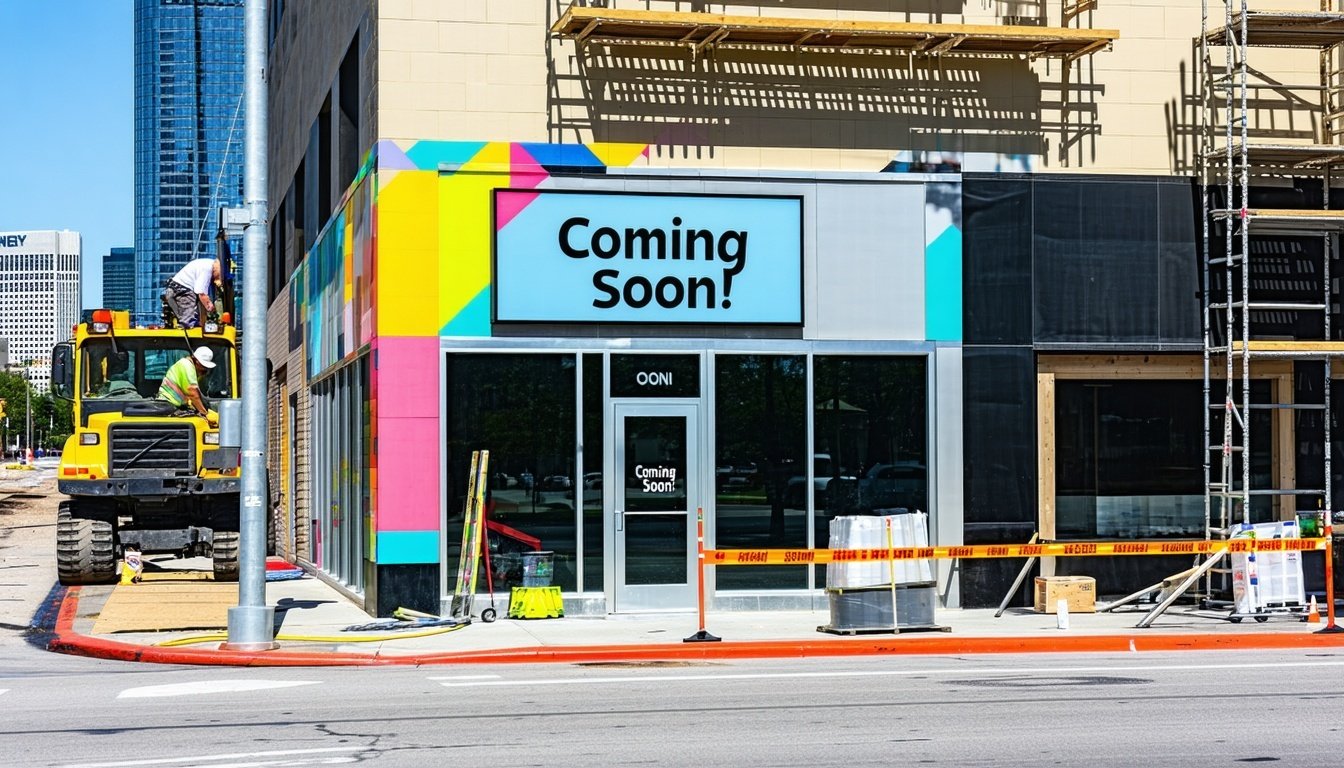 Houston business preparing to open and renovation scaffolding and a blue Coming Soon sign. 